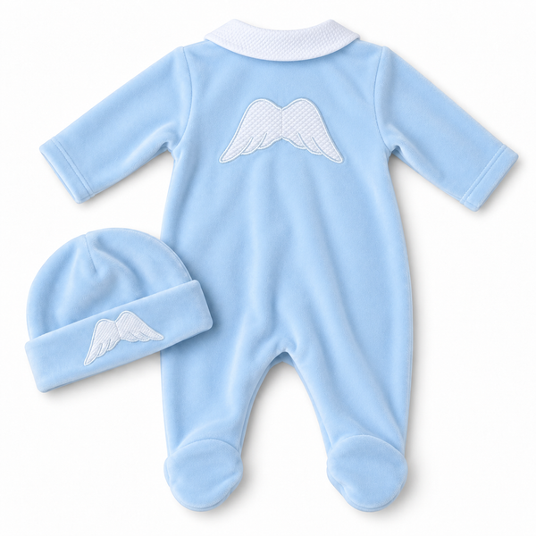 Baby Blue Velour Angel Wings Babygrow & Matching Hat Set