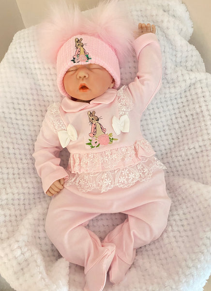 Flopsy Bunny spanish style All in One BabyGrow with lace trim & bows Pink