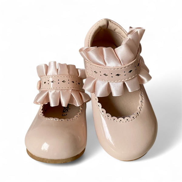 Beige Patent Baby Shoes with Ruffle Strap
