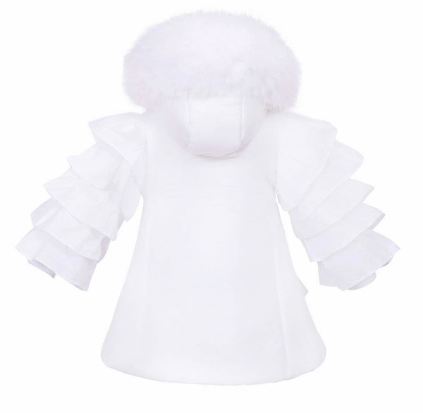 Wee Me Baby Girl Frill Sleeve White Puffer Coat with Faux Fur Hood large  fitting