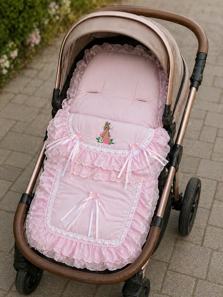 Luxury Pink Frilly Baby Footmuff with Bunny Embroidery | Soft Pram Cosy & Newborn Nest | Universal Fit