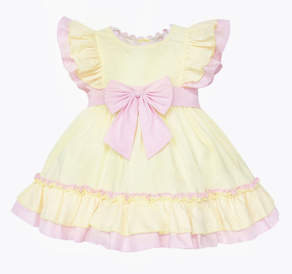 Wee Me Baby Girls Lemon & Pink Frill Dress with Bow Headband – Traditional Summer Party Dress