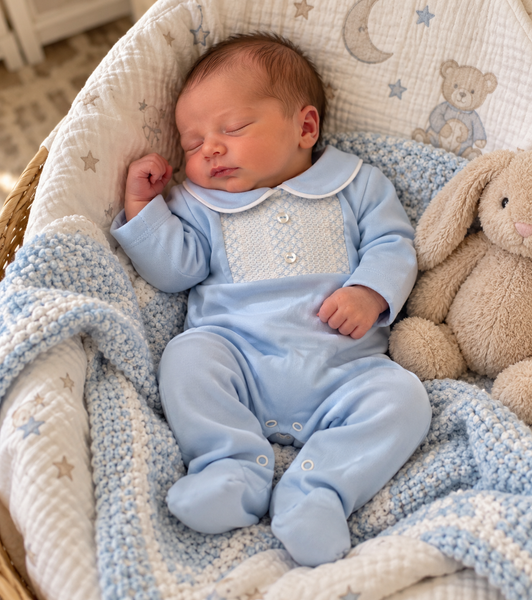 Baby Boys Blue Smocked Collar Sleepsuit | Traditional Newborn Outfit
