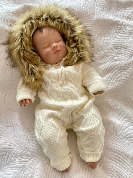 Cozy Knit Baby Onesie with Faux Fur Hood – Winter White