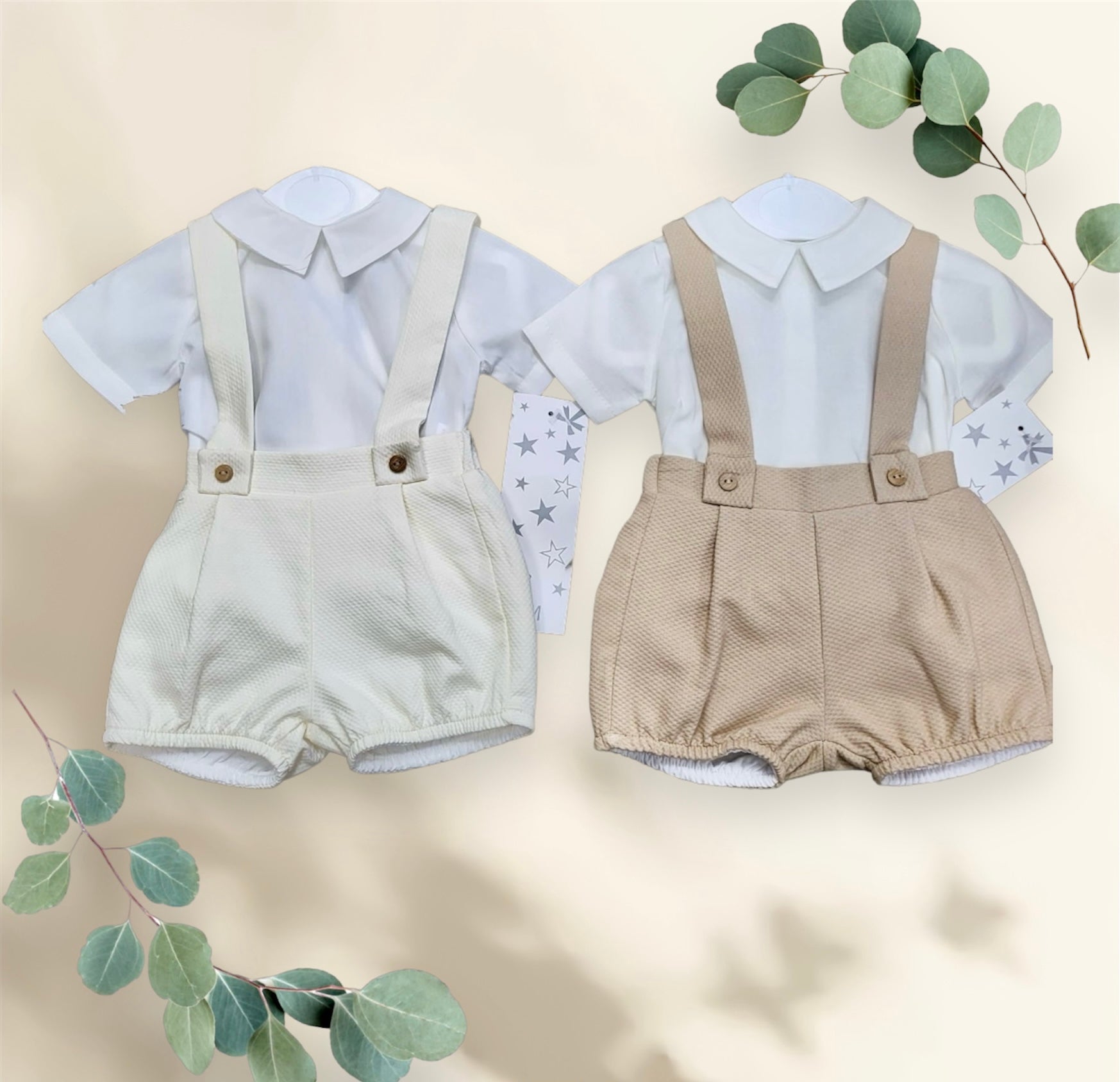 Boys Dungarees Shorts and Shirt Set - Beige