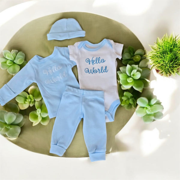 Welcome Baby Outfit Set – “Hello World” (4-Piece, Blue)