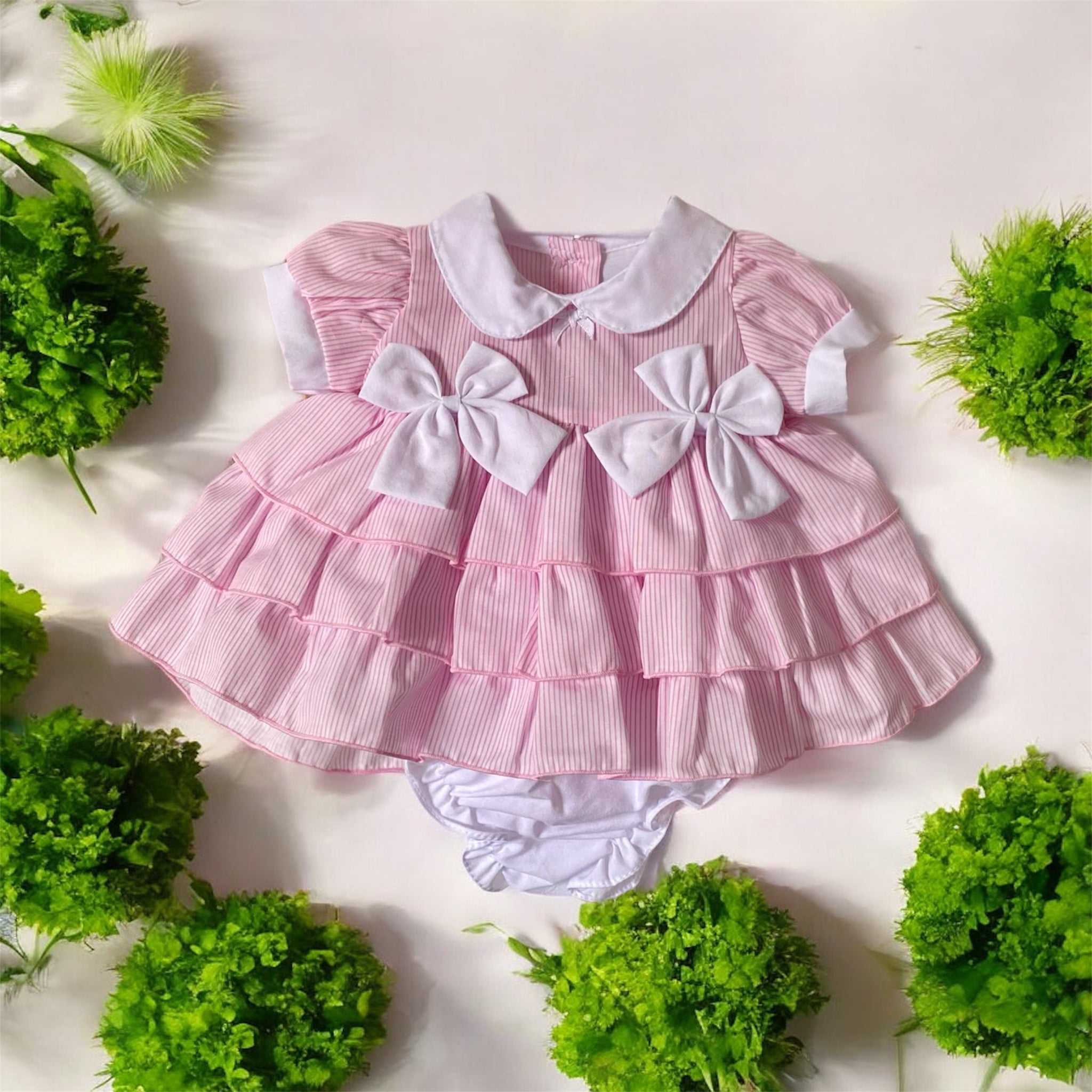 Premature Baby Girls spanish style 3 layered  Pinstripe Dress With bows includes bloomers