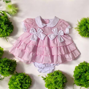 Premature Baby Girls spanish style 3 layered  Pinstripe Dress With bows includes bloomers