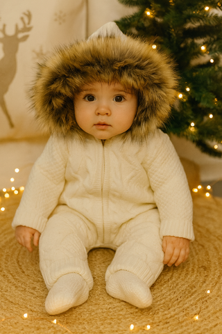 Cosy  Knit Baby  snowsuit Onesie with Faux Fur Hood – Winter White
