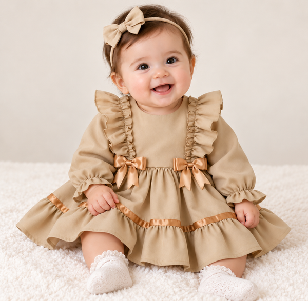 Baby Girls Beige Ruffle Dress with Satin Bow Detail