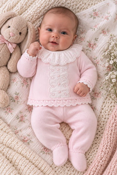Baby Girls Pink Knitted Two-Piece Lace Top & Footed Leggings Set