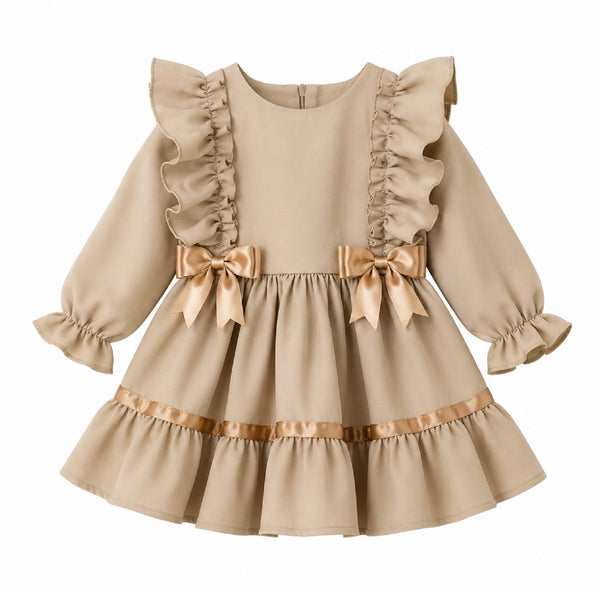 Baby Girls Beige Ruffle Dress with Satin Bow Detail