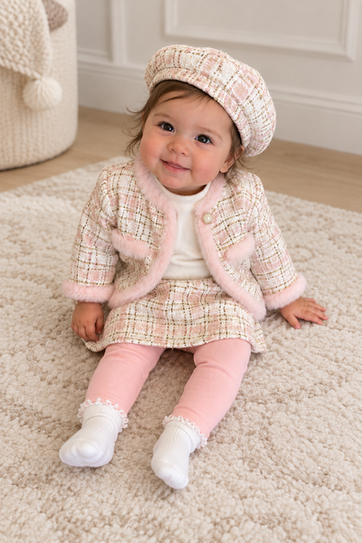 Girls Pink & Gold Tweed 4 Piece Outfit Set with Faux Fur Jacket & Beret