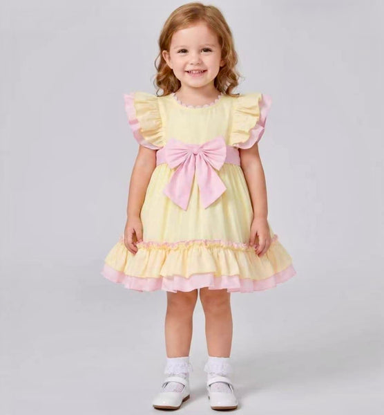 Wee Me Baby Girls Lemon & Pink Frill Dress with Bow Headband – Traditional Summer Party Dress