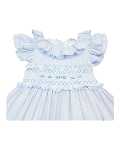 Baby Girls Hand Smocked Frilly Puff Ball Dress Blue