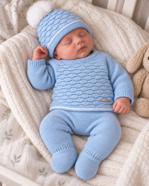 Baby Blue Honeycomb Knitted 3 Piece Baby Outfit with Pom Pom Hat