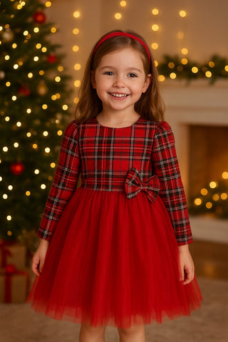 Girls Tutu Red Tartan Dress with Matching Bow Headband