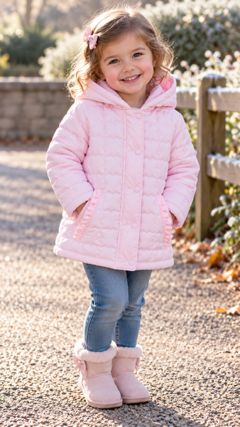 Girls Pink Quilted Hooded Coat – Ruffle Pocket Jacket