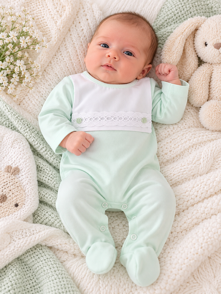 Unisex Baby Mint Green & White Lace Bib Footed Sleepsuit