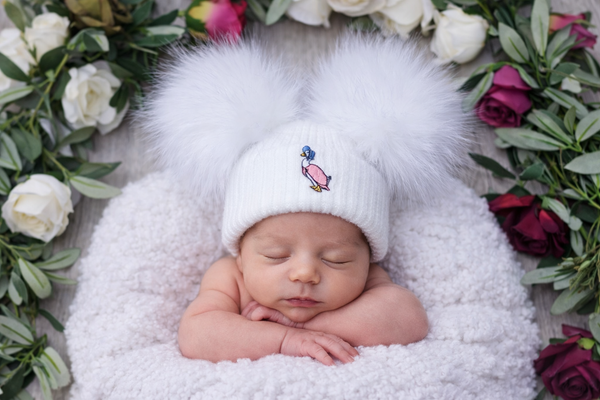 Jemima Puddleduck luxury faux Fur  Double Pom Pom Hat white/white poms