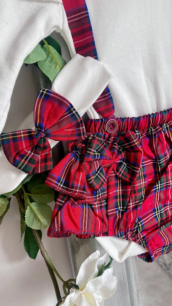 Baby Girl red tartan check Dungaree romper Outfit with Headband