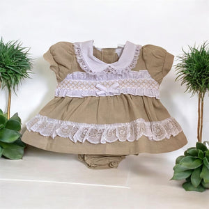 Premature Baby Linen spanish style  Dress with Lace, Smocking and Bow includes bloomers