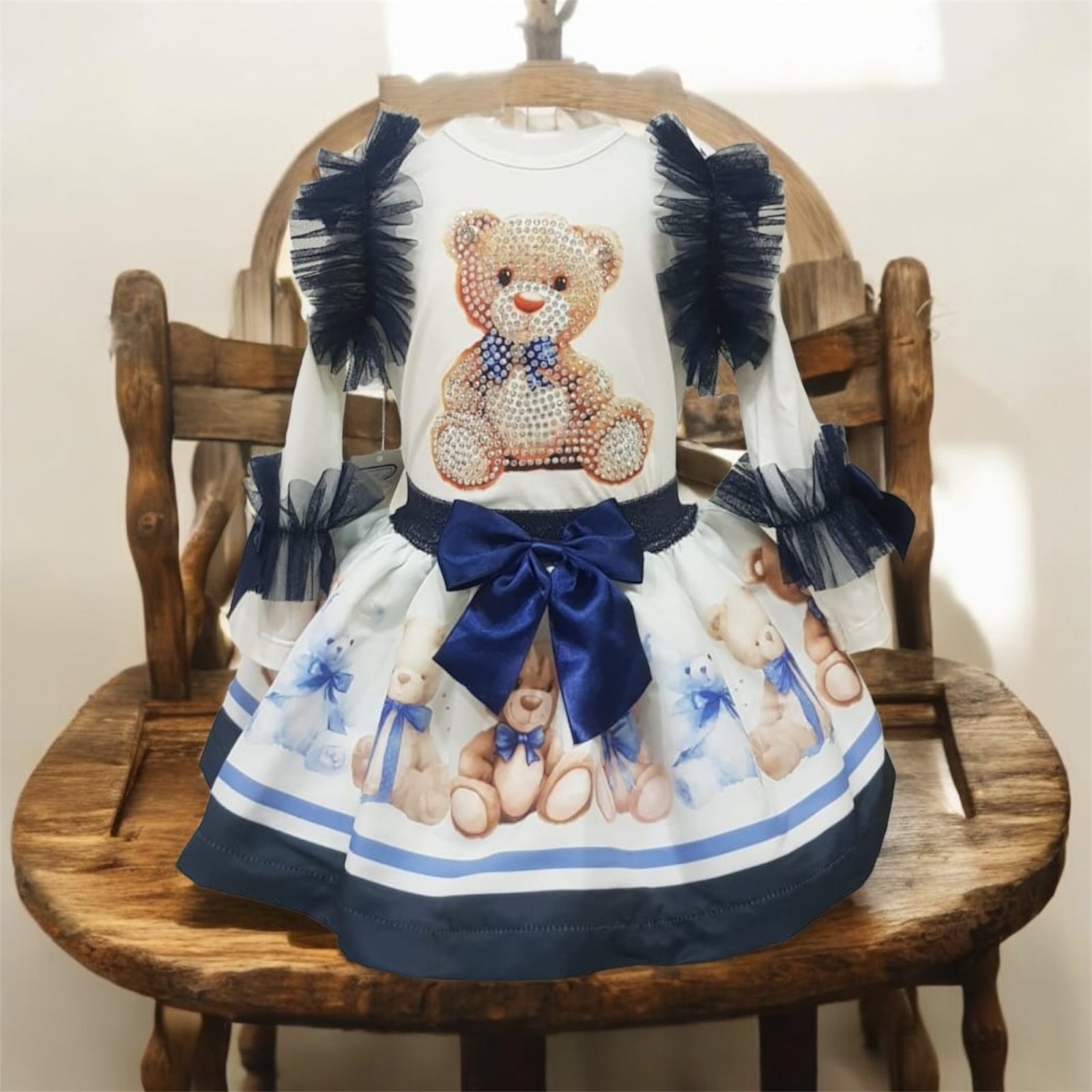 Teddy Bear Princess Top and Skirt – Navy Rhinestone & Bow Detail