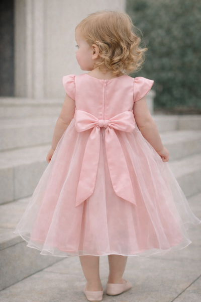 Blush Pink Satin & Tulle Girls Dress with Bow Back – Floral Detail