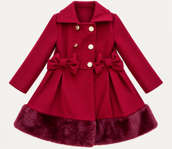 Girls Burgundy Red Faux Fur Trim Bow Winter Coat