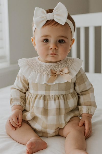 Wee Me Baby Girls Checked Romper with large Smocked  Collar  and bow