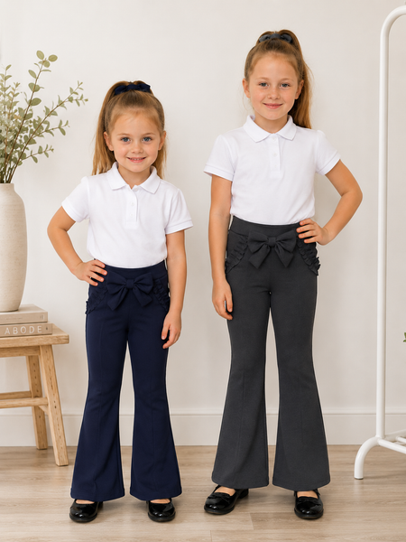 Girls Bow Flare School Trousers – Navy & Grey | Stretch School Uniform Pants