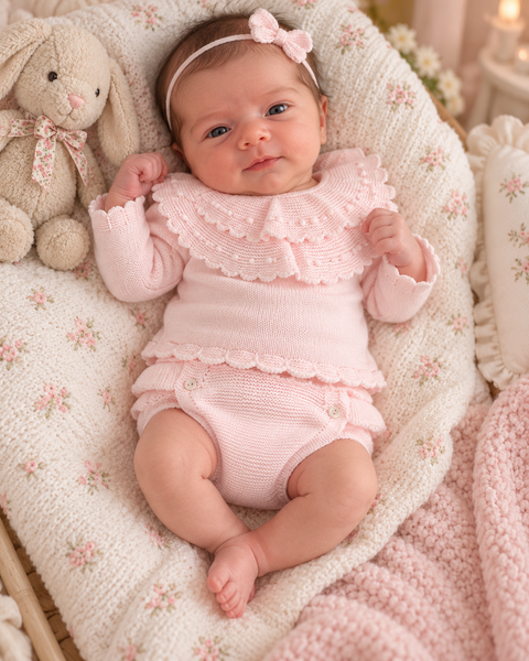Baby Girls Pink Frilly Knitted 2 Piece Set – Ruffle Collar Jumper & Bloomers