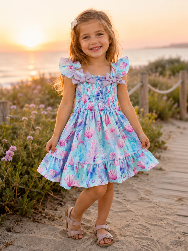 Girls Mermaid Seashell Smocked Summer Dress with Bow Straps – Gillytots Children's Boutique