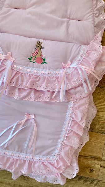 Luxury Pink Frilly Baby Footmuff with Bunny Embroidery | Soft Pram Cosy & Newborn Nest | Universal Fit