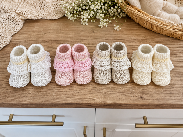 Knitted Frilly Baby Booties – Pink, White, Ivory & Beige
