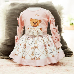 Teddy Bow Long Sleeve Top and Skirt Set  – Pink & Cream
