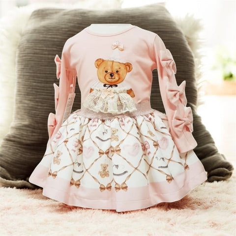 Teddy Bow Long Sleeve Top and Skirt Set  – Pink & Cream