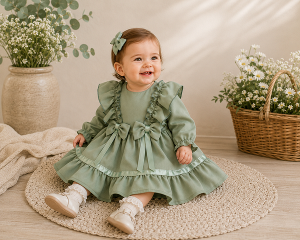 Sage Green Ruffle & Bow Baby Girls Occasion Dress