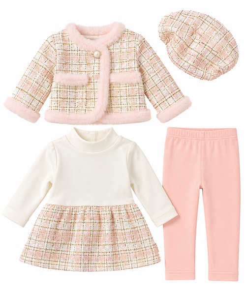 Girls Pink & Gold Tweed 4 Piece Outfit Set with Faux Fur Jacket & Beret