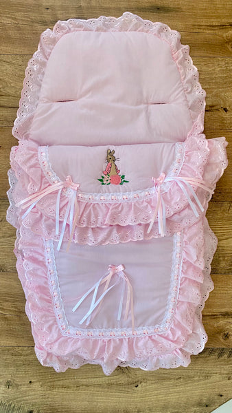Luxury Pink Frilly Baby Footmuff with Bunny Embroidery | Soft Pram Cosy & Newborn Nest | Universal Fit