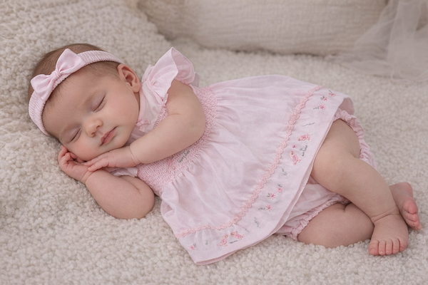 Baby Girl Pink Smocked Dress Set with Embroidered Detail & Matching Headband