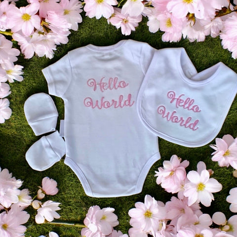 Hello World” Embroidered Vest, Hat & Mitts Set – Baby Girl Edition