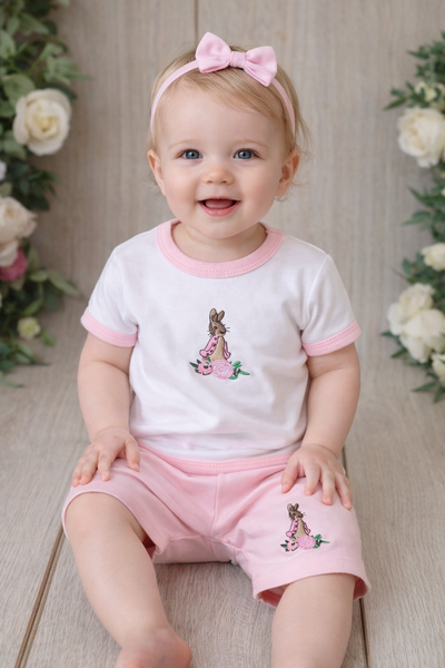 Flopsy Bunny Baby Girls Two-Piece Outfit – Pink & White Embroidered Bunny Top and Shorts Set
