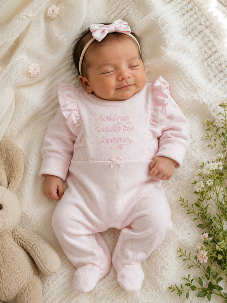 Baby Girls’ All-in-One Babygrow – “Hold Me, Cuddle Me, Love Me” (Premature Size Available)