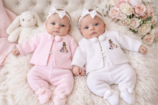 Flopsy Bunny knitted Pom Pom pramsuit  Outfit - (Newborn-12 Month)