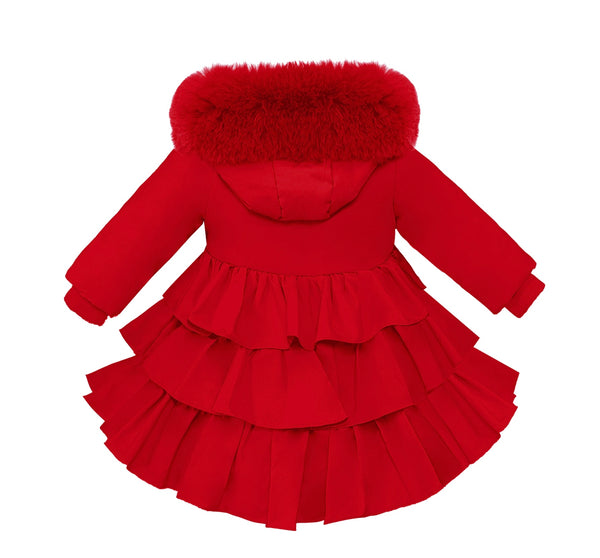 Wee Me Baby Girl Long Red Puff Coat with Fur Hood large fitting
