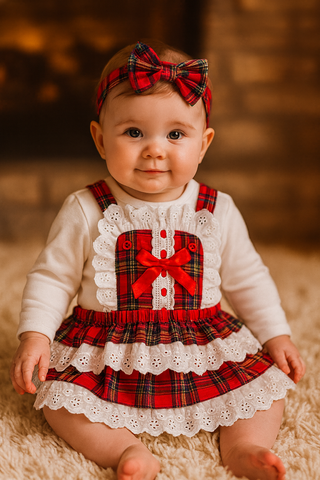 Classic Red Tartan Baby Dress Set with Lace Trim