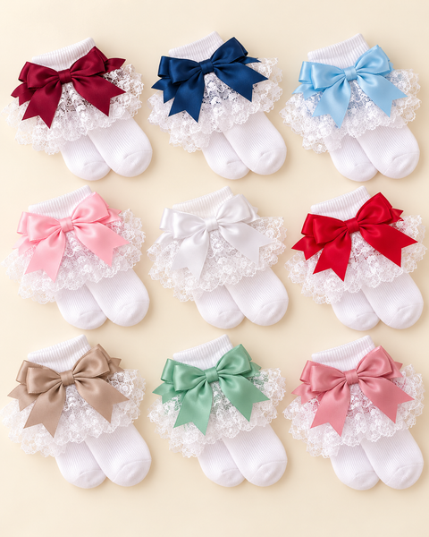 Baby Girls Frilly Lace Socks with Satin Bows