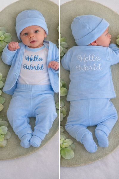 Welcome Baby Outfit Set – “Hello World” (4-Piece, Blue)