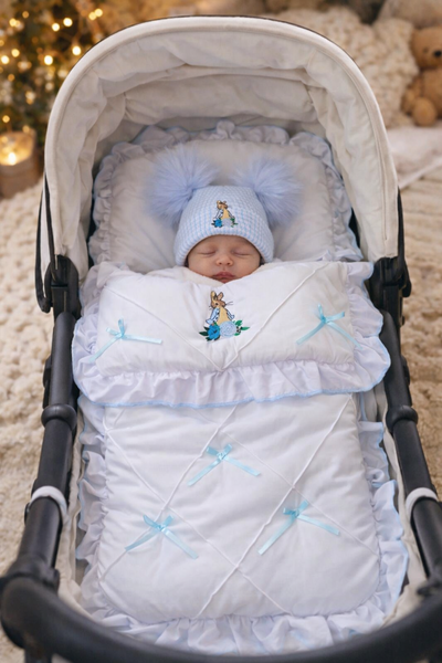 Peter Rabbit Cosy Toes Footmuff Pram Blanket - White With Blue Trim